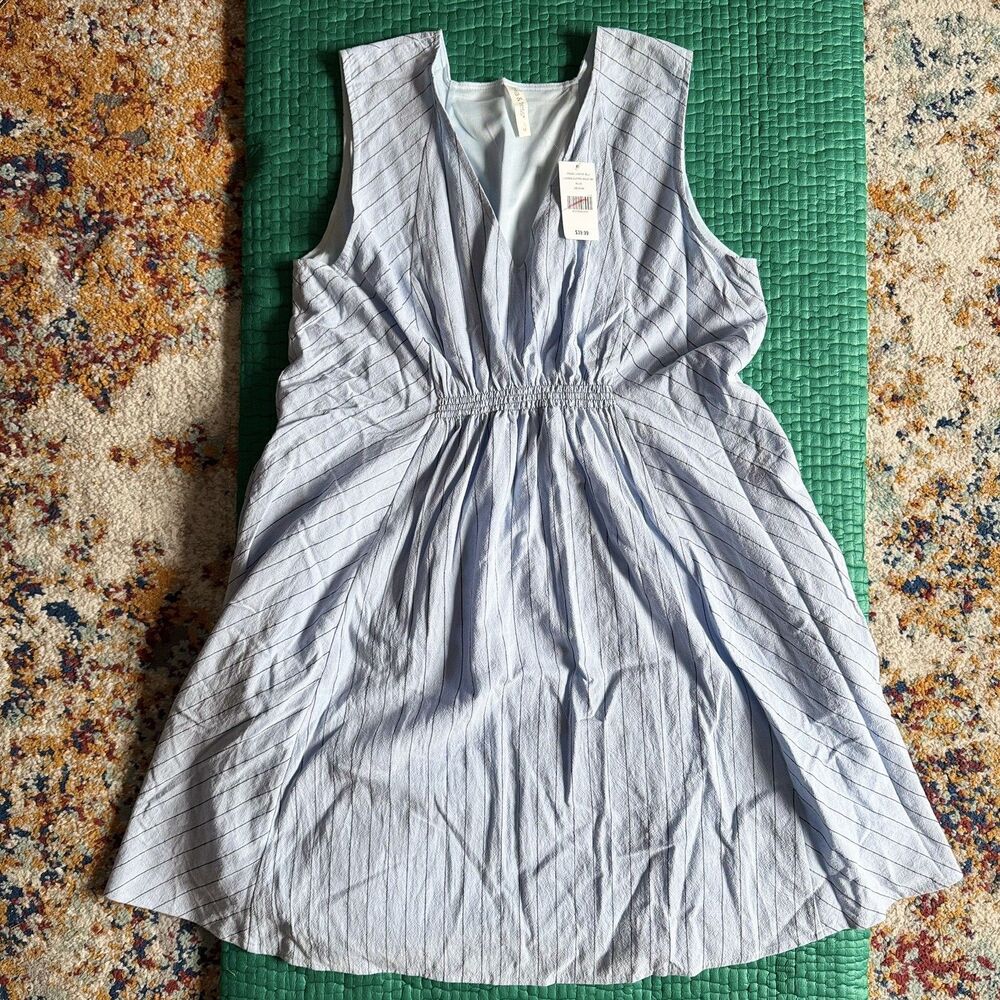 New Mia & Tess Dress M Light Blue White Striped Empire Cinched Waist Lined NWT